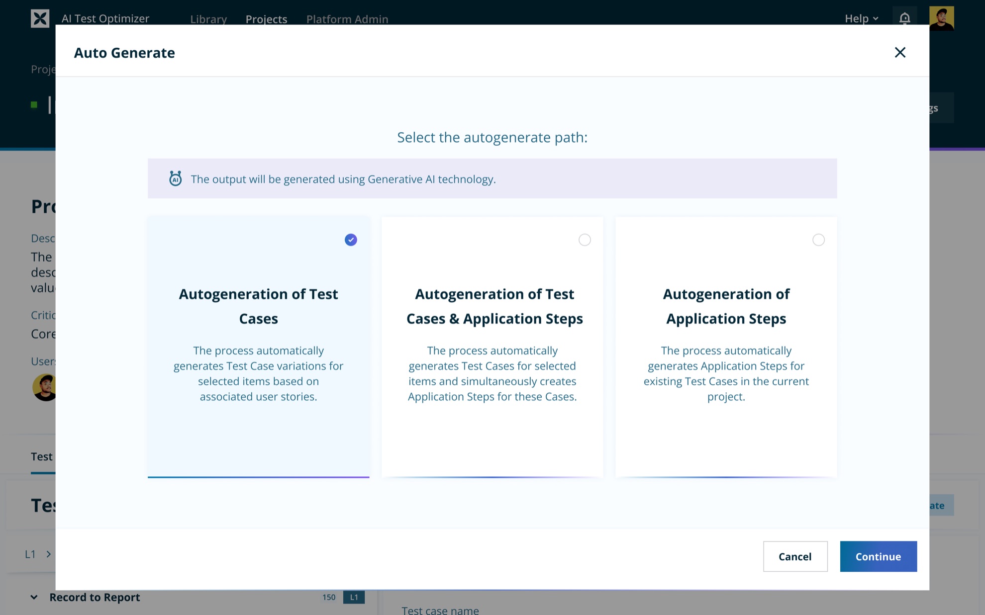 Test case generation interface