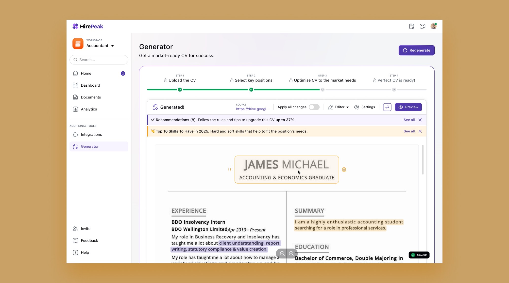 Scored market recommendations on a generated CV