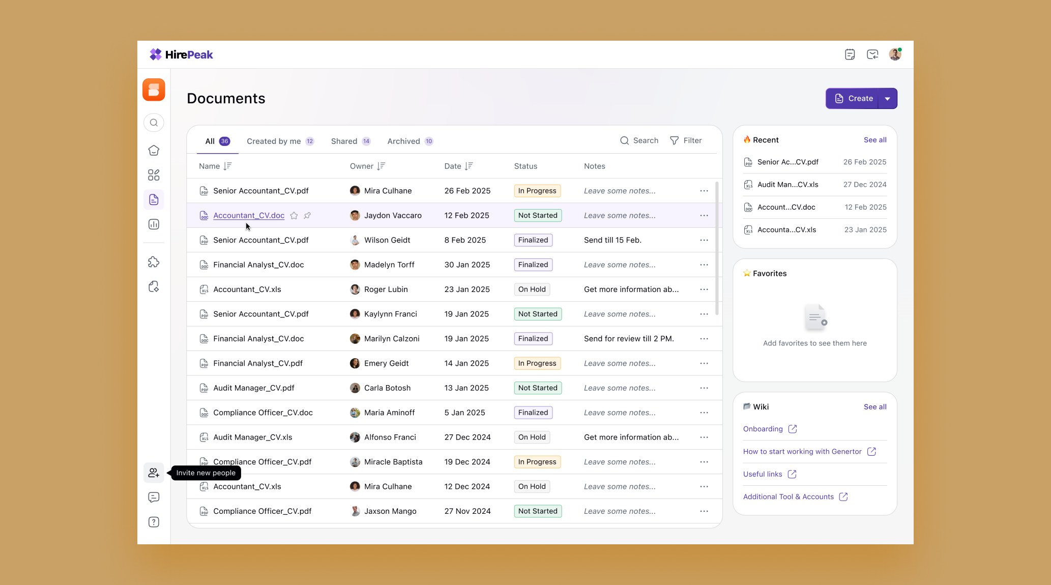 Documents hub listing every CV with its status