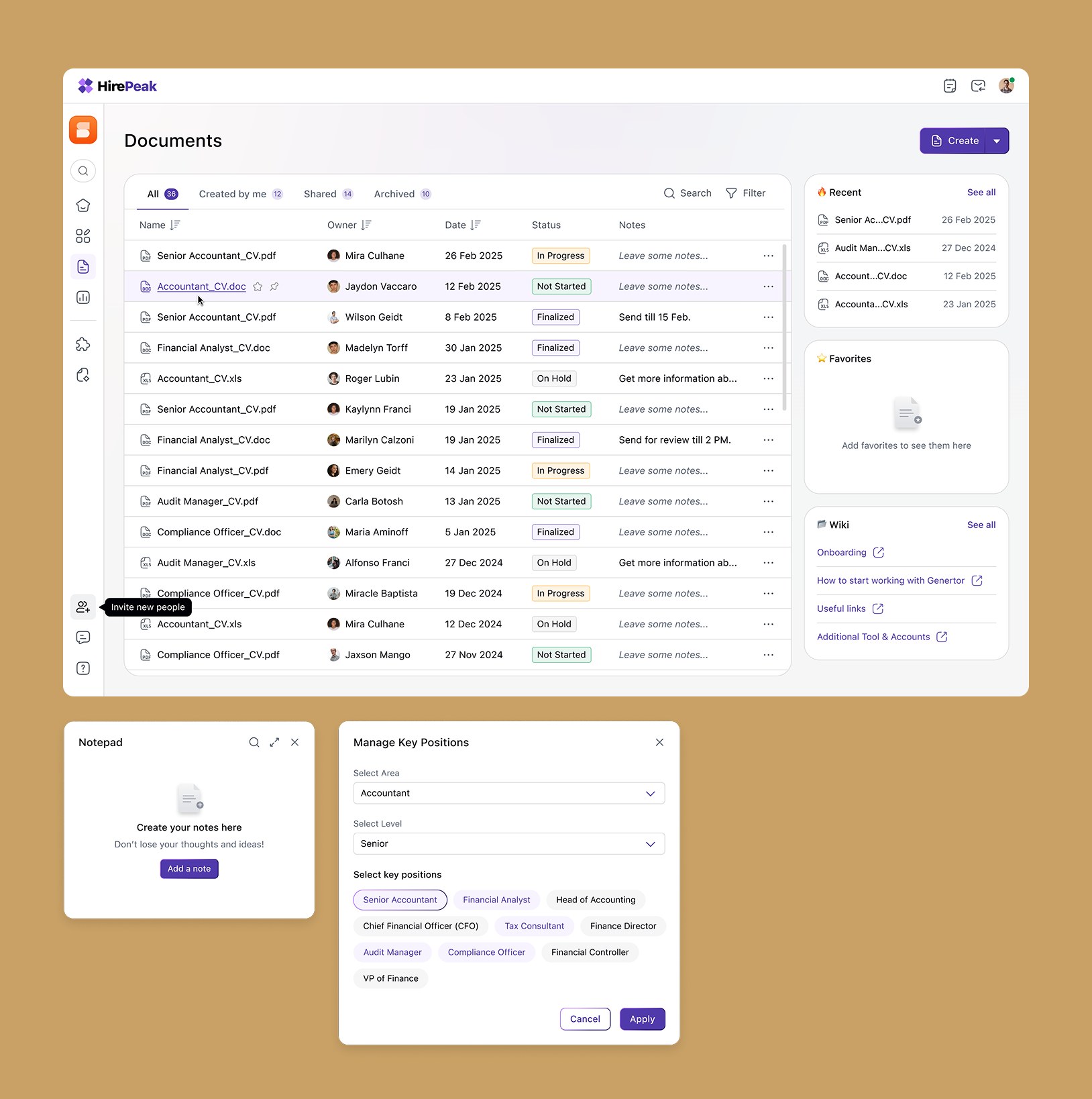 HirePeak documents workspace, notepad and key positions